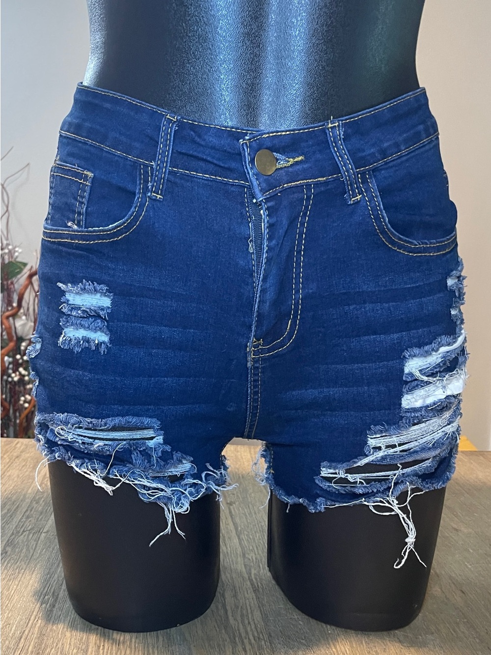 Dark Blue Distressed Denim Women's Shorts, Size 26